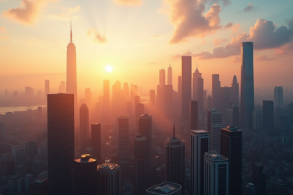 Silhouette de la ville moderne au lever du soleil avec reflet doré