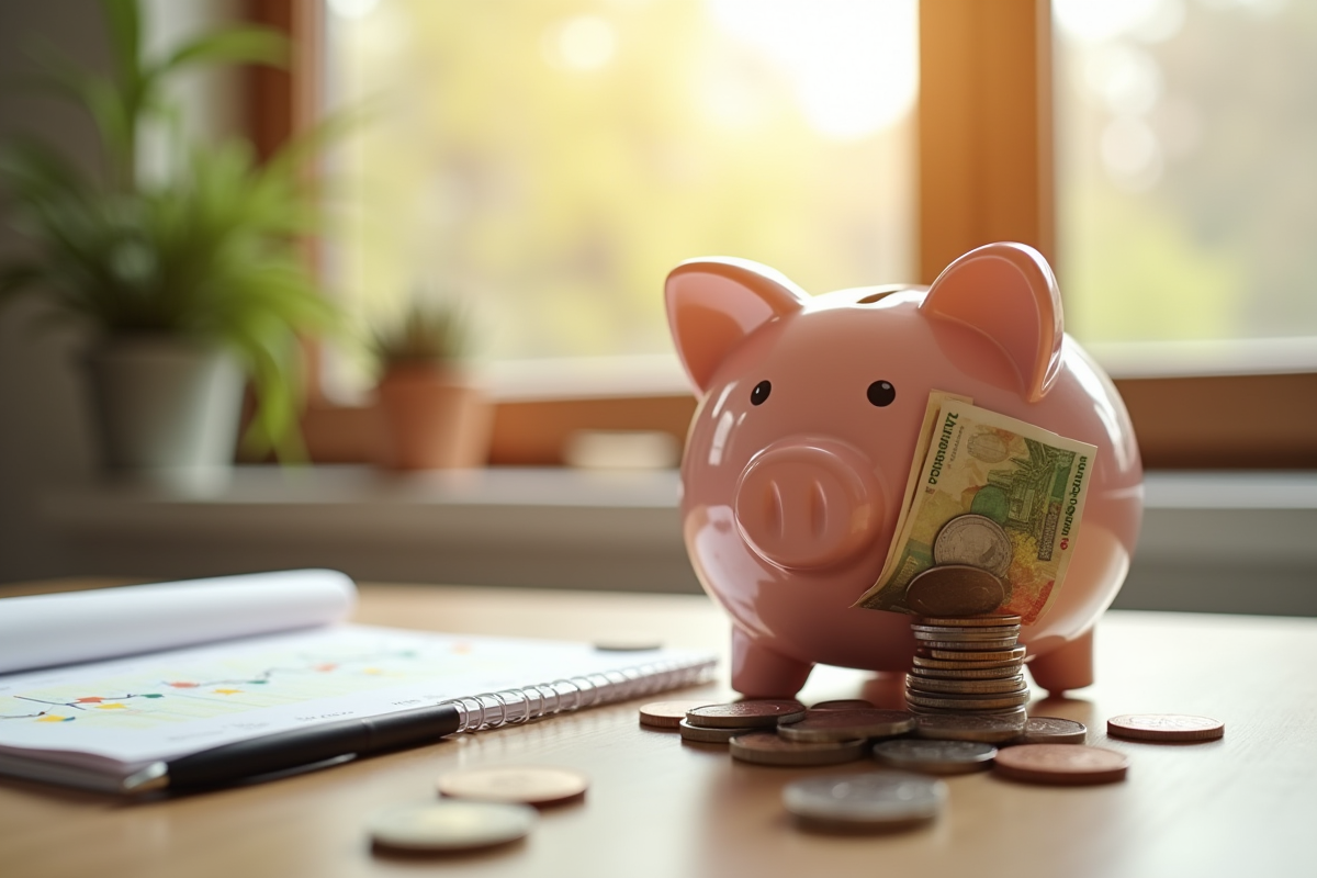 Tirelire remplie de pièces et billets d euro sur une table en bois