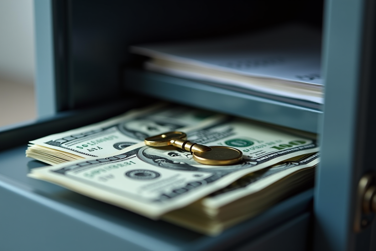 Coffre-fort avec documents financiers et billets de dollars