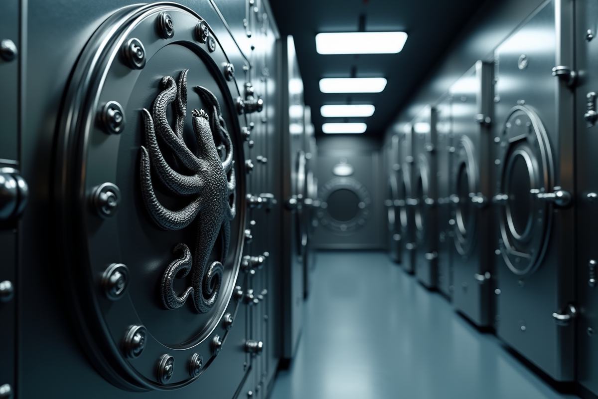 Coffre-fort en métal avec logo Kraken en relief dans une salle moderne