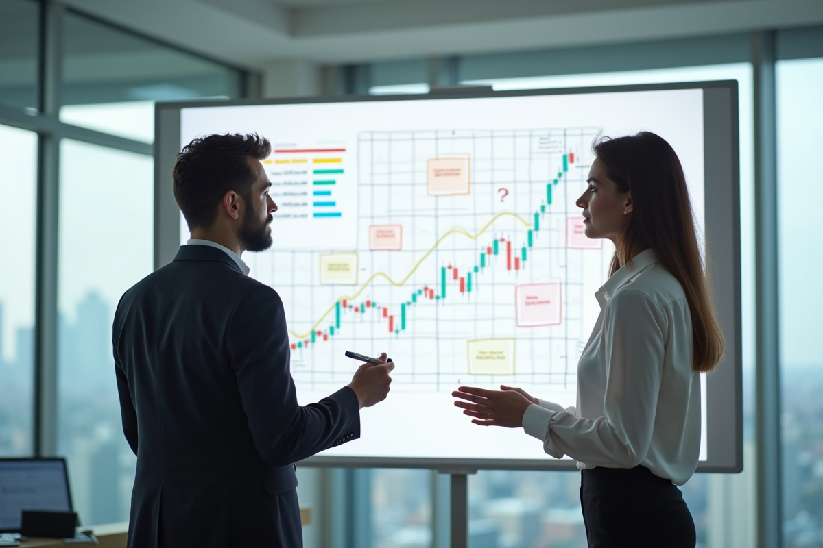 Deux collègues discutant autour d un tableau blanc avec diagrammes options