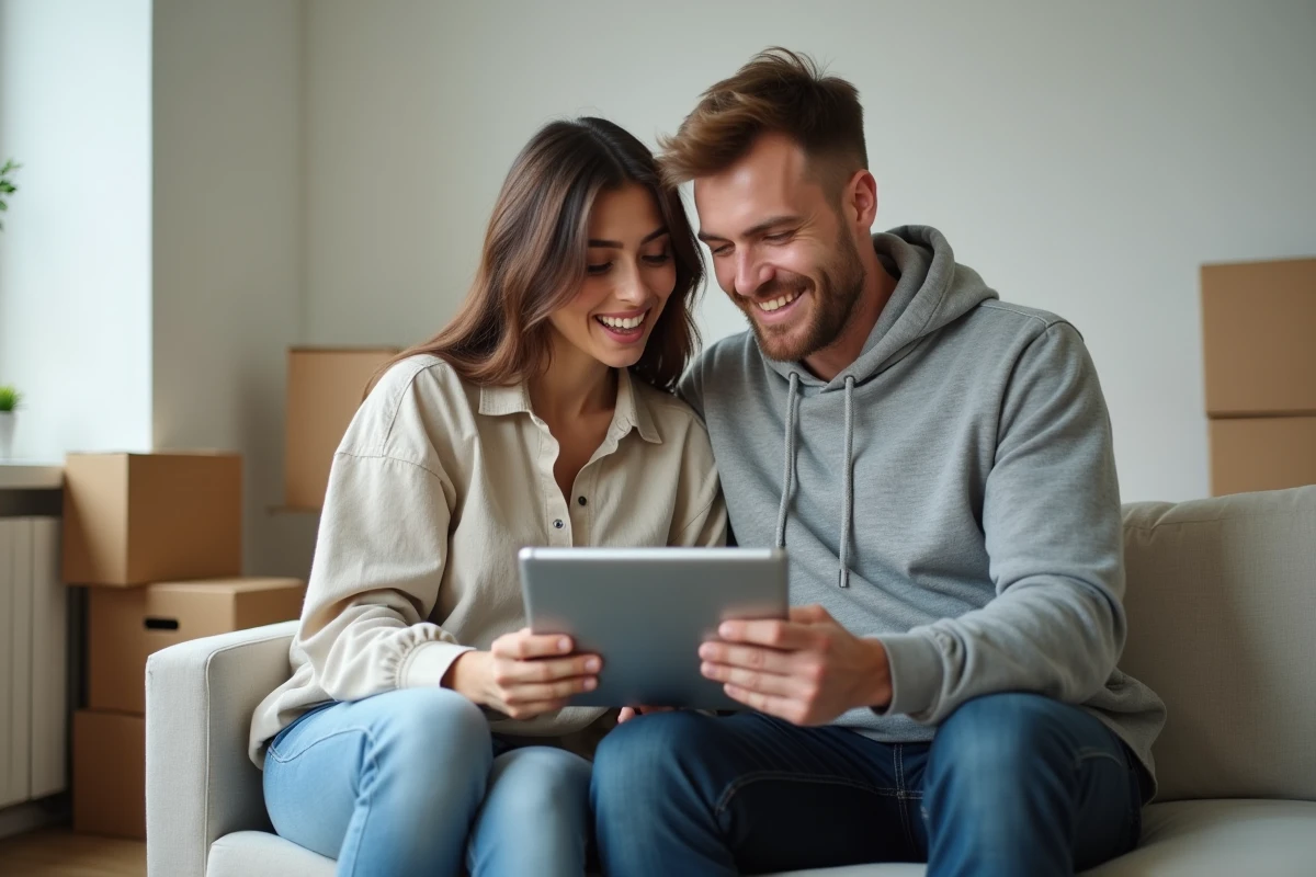 Deux colocataires consultant un tableau de budget locatif sur une tablette dans un appartement vide avant leur demande d'APL