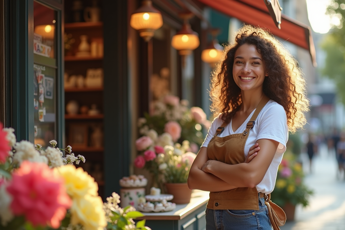 Propriétaire souriante devant sa boutique locale accueillante