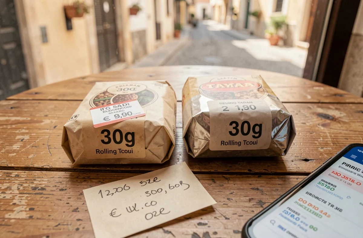 Comparaison de prix de tabac à rouler 30g en Espagne avec étiquettes tarifaires et smartphone sur table de café
