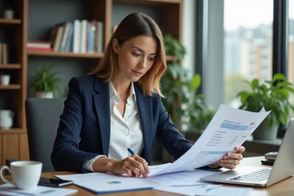 Femme comparant les taux bancaires sur un ordinateur portable dans un bureau moderne
