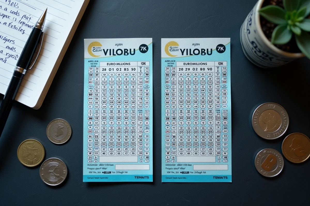 Vue en plongée de deux tickets EuroMillions côte à côte comparant la grille classique et l'option Étoile+ avec des pièces et des notes manuscrites