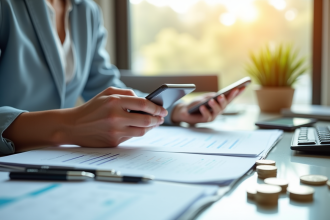 Personne comparant documents et téléphone mobile sur bureau lumineux