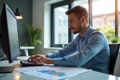 Comptable au bureau avec calculatrice et graphiques financiers