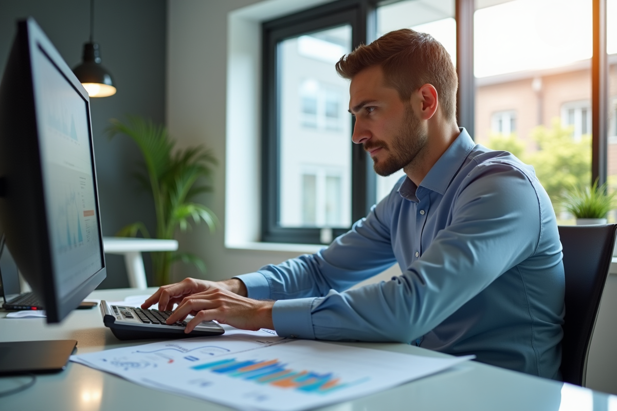Comptable au bureau avec calculatrice et graphiques financiers