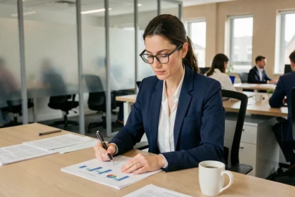 Comptable femme analysant des feuilles de bilan comptable dans un bureau professionnel moderne, planification date limite 2026