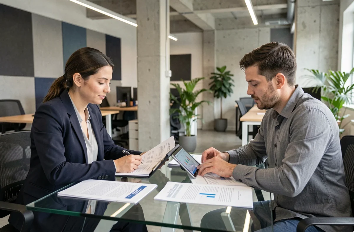Comptable spécialisée VTC en réunion avec un chauffeur pour examiner les documents financiers et optimiser la gestion comptable BVTC