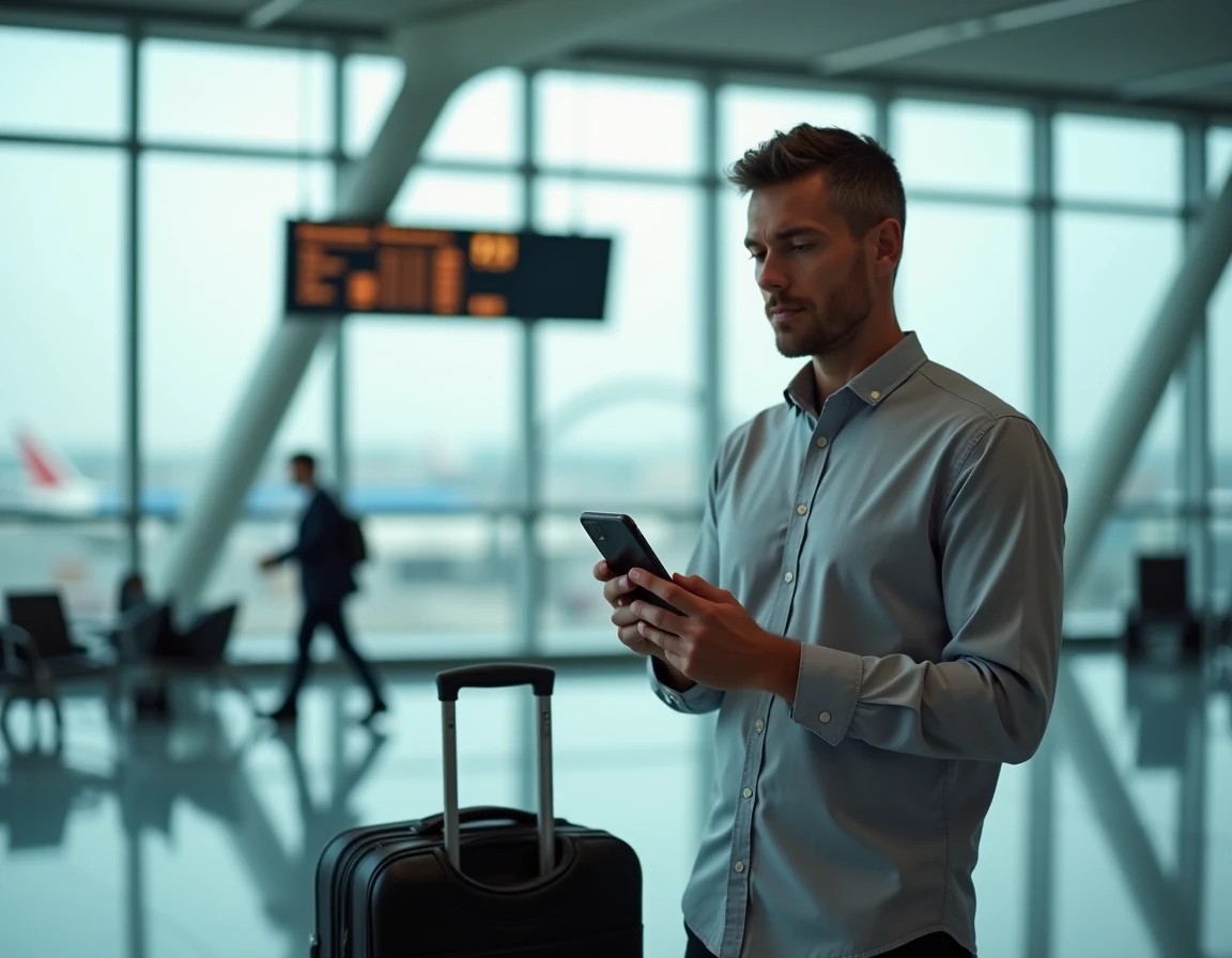 Homme expatrié consultant l'application bancaire HSBC dans un terminal d'aéroport international