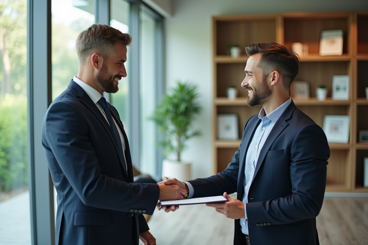 Conseiller bancaire remettant un contrat à un client dans une banque moderne