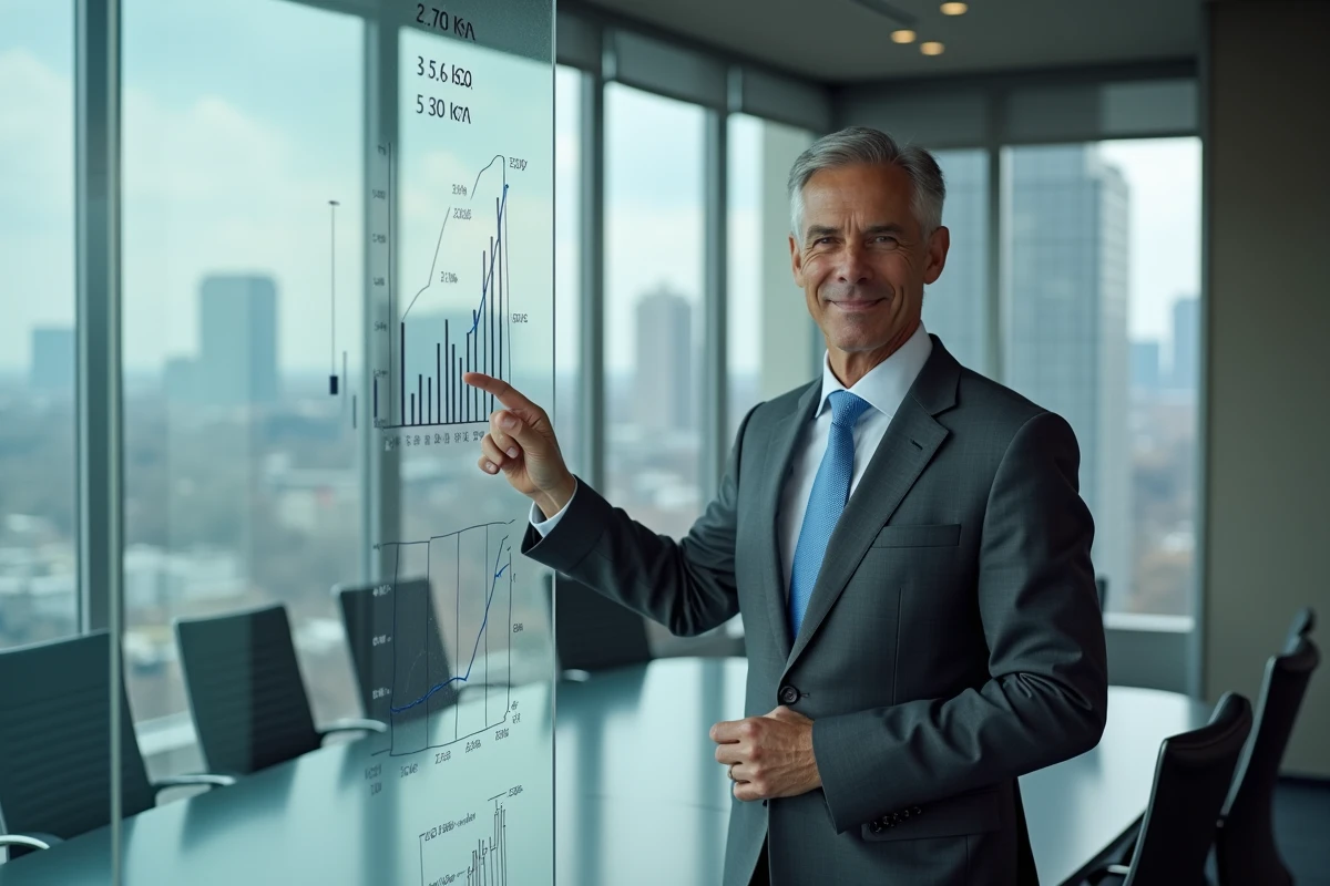 Conseiller financier présentant une analyse de patrimoine et de fortune devant un tableau blanc dans une salle de réunion