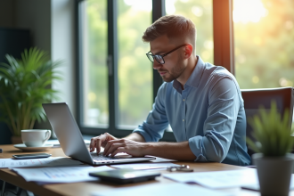 Conseiller financier travaillant sur un ordinateur dans un bureau organisé