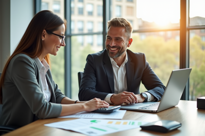 Conseiller financier et client souriant dans un bureau lumineux