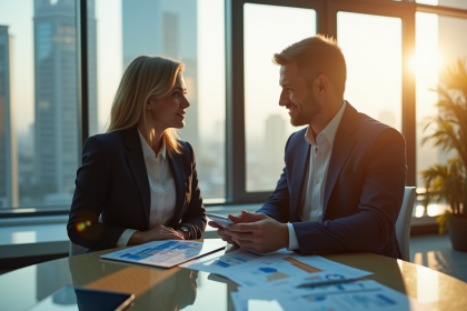 Conseiller financier confiant avec client dans un bureau moderne