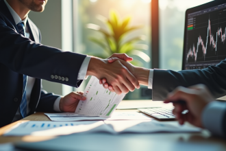 Conseiller financier remettant des papiers à un client dans un bureau lumineux