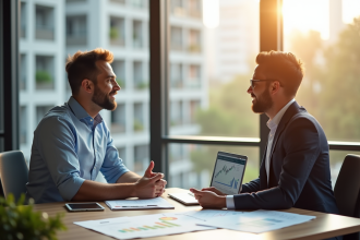 Conseiller financier discutant d'investissements avec un client dans un bureau lumineux