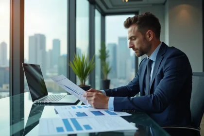 Conseiller financier professionnel analysant une stratégie financière dans un bureau moderne avec vue sur la ville