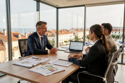 Conseiller en investissement locatif en Charente-Maritime discutant d'une stratégie immobilière avec des clients autour d'une table de réunion moderne avec vue sur le littoral