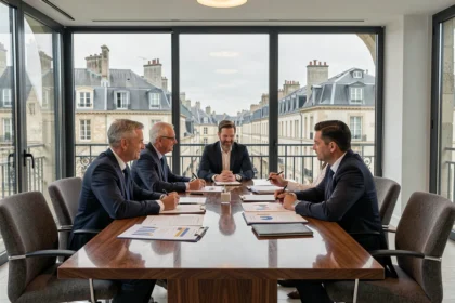 Conseillers financiers en Normandie réunis autour d'une table pour un bilan patrimonial