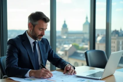 Conseiller en investissement locatif en Seine-Maritime analysant des documents immobiliers dans un bureau moderne avec vue sur la ville de Rouen