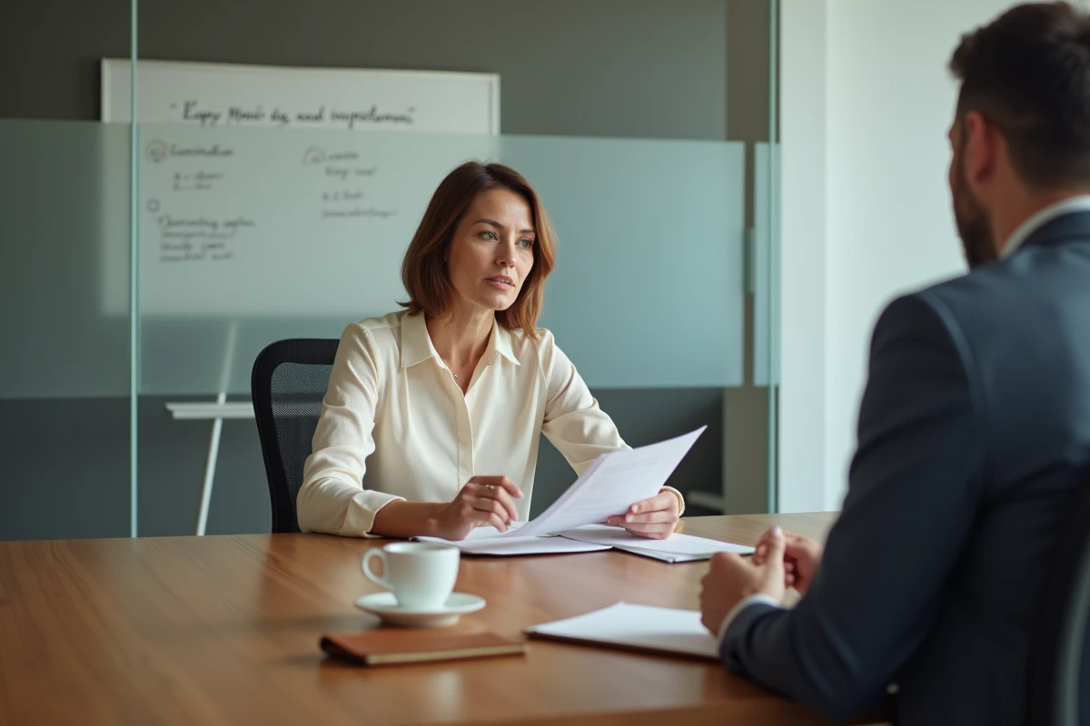 Femme consultant un conseiller financier lors d'une réunion de planification patrimoniale dans une salle professionnelle