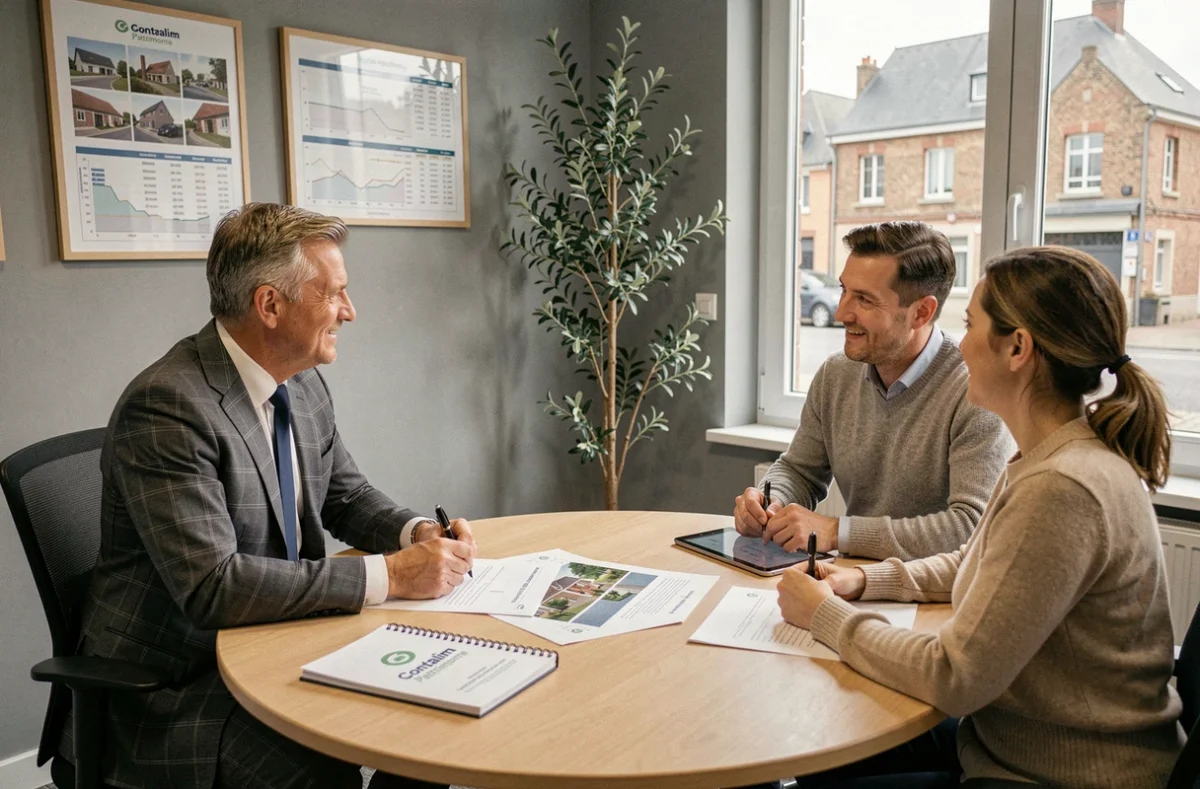 Conseiller de Contalim Patrimoine en réunion avec des clients pour un plan d'investissement locatif en Seine-Maritime dans un bureau professionnel