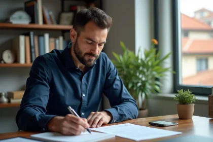 Homme turc consultant un contrat d'assurance auto et habitation à son bureau à domicile à Istanbul