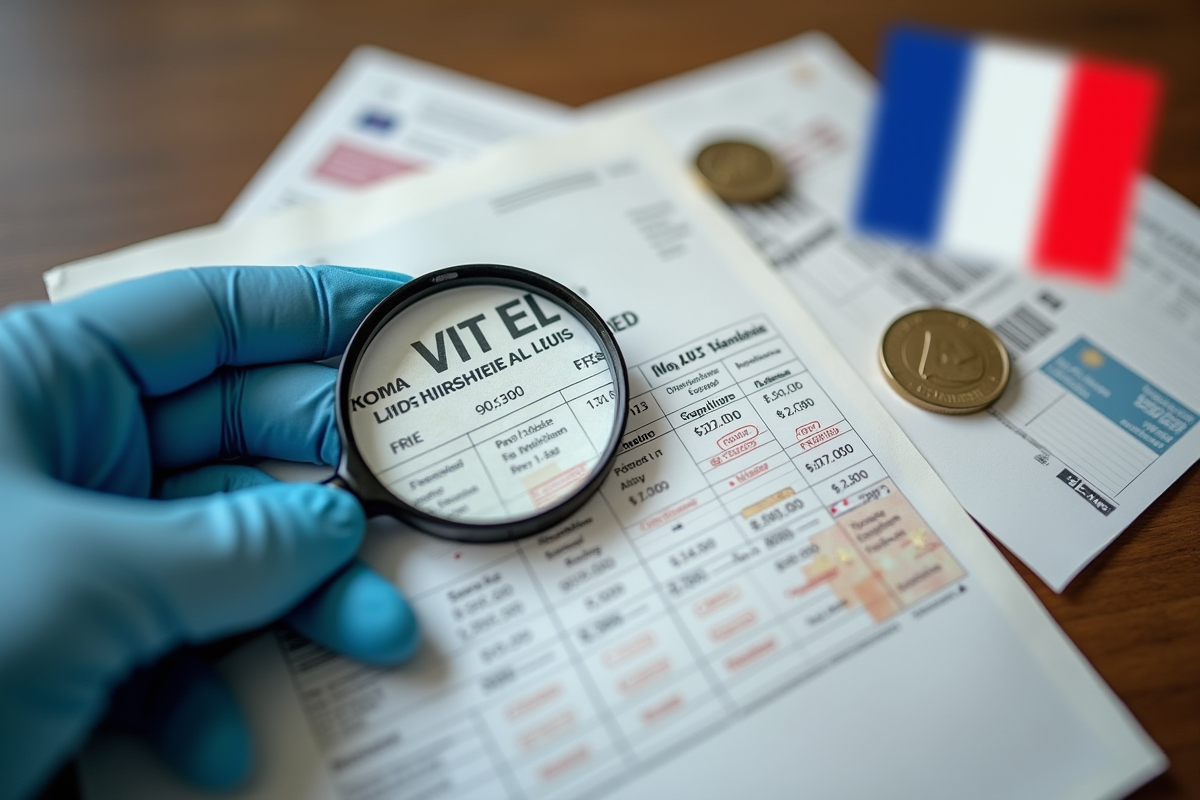 Main tenant une loupe sur un graphique TVA avec pièces et drapeau français