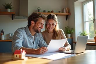 Couple souriant avec documents de prêt immobilier
