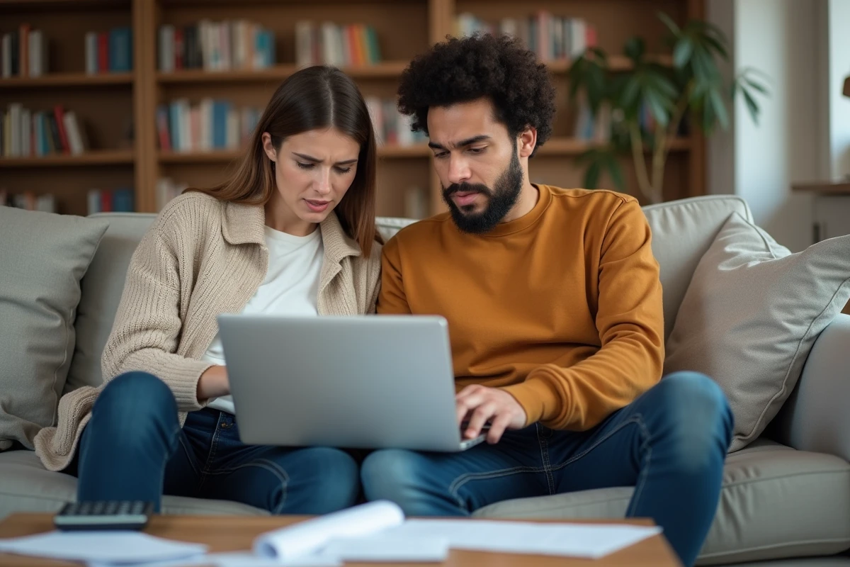 Couple examinant ensemble leur application bancaire en ligne face à un dépassement de découvert autorisé inattendu