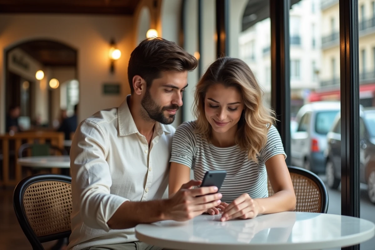 Couple dans un café parisien regardant une notification de virement pour un gain FDJ sur smartphone