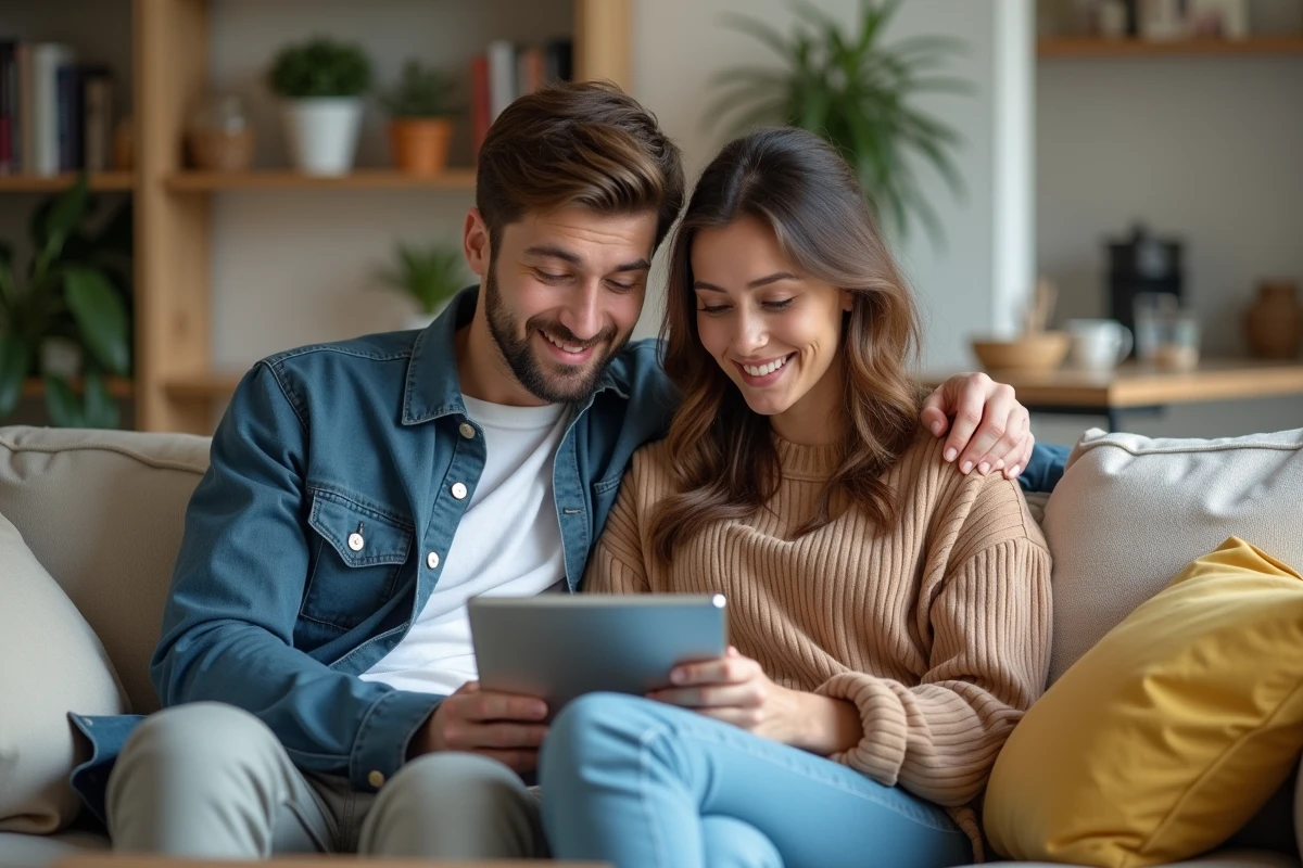 Couple comparant les meilleurs taux bancaires sur une tablette à domicile