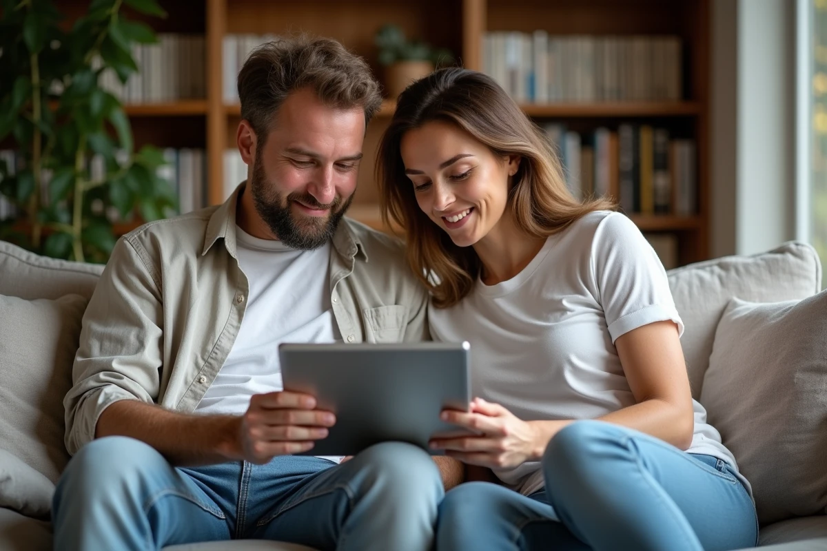 Couple consultant leur espace personnel LCL sur une tablette dans leur salon