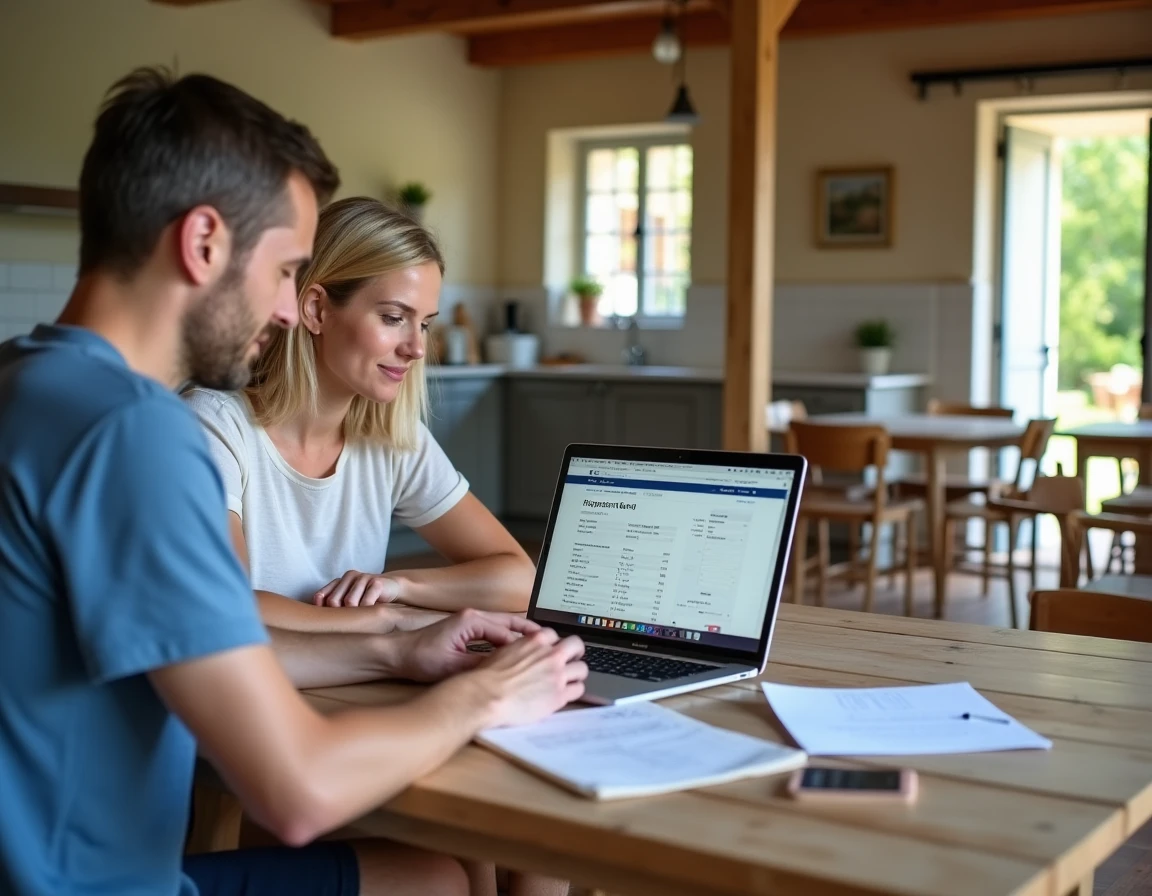 Couple consultant le site des impôts et une notice de taxe foncière dans leur résidence secondaire