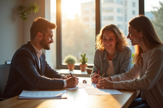 Jeune couple et banquier signant un contrat immobilier lumineux