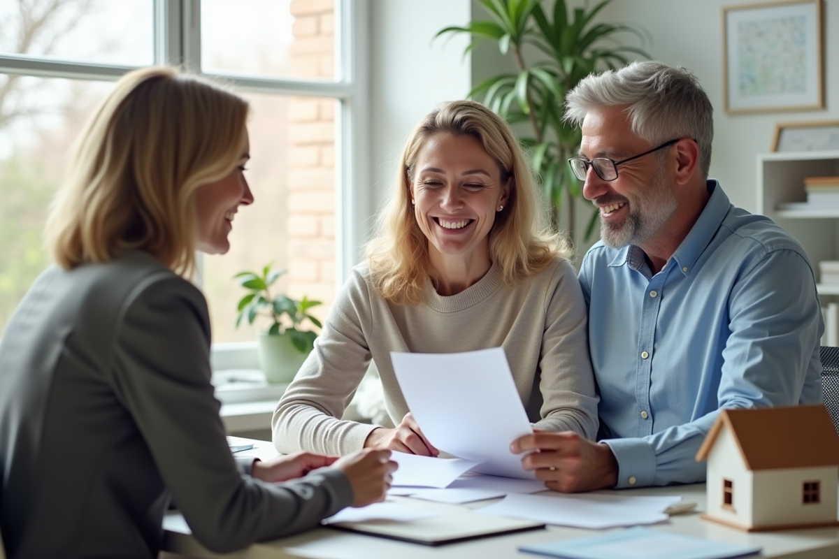 Couple souriant discutant avec un conseiller dans un bureau lumineux