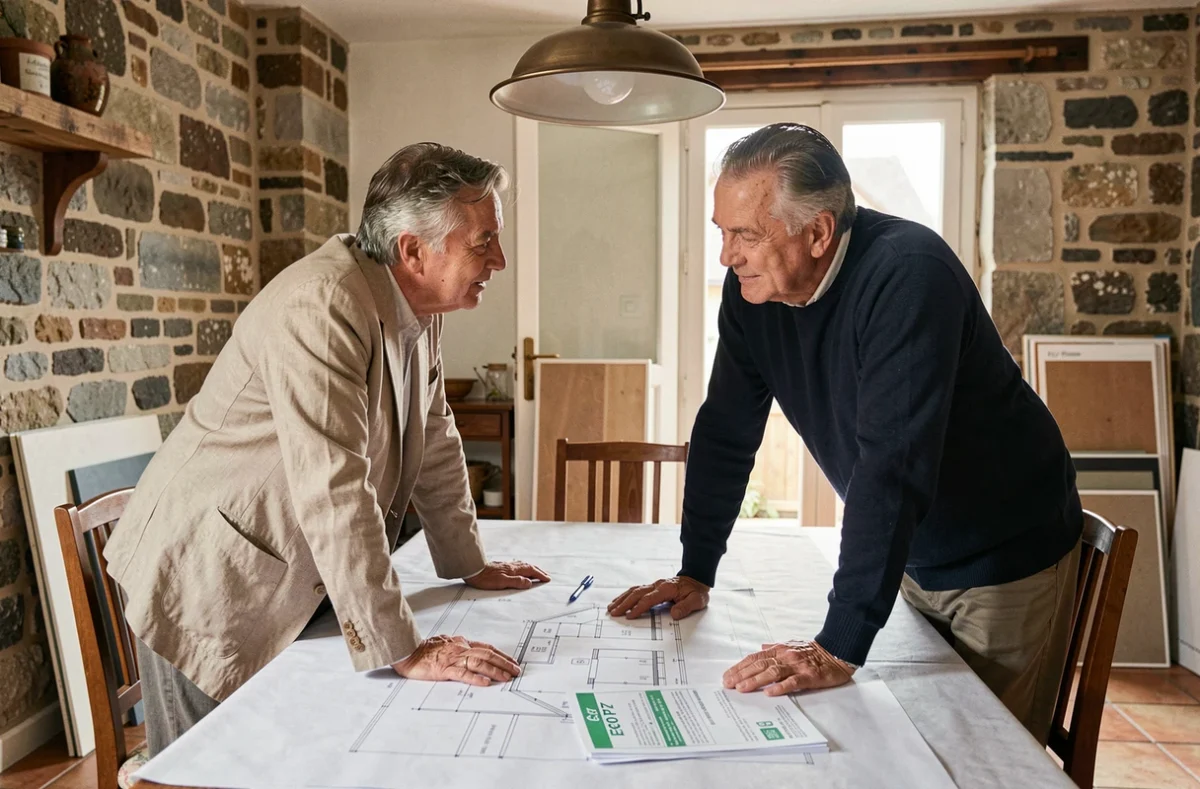 Un couple examine ensemble le formulaire Éco PTZ et les documents de leur projet de rénovation énergétique