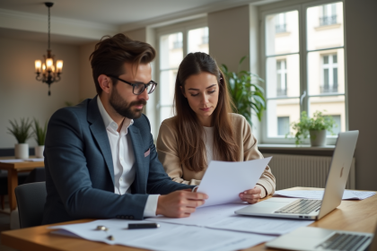 Jeune couple en immobilier dans un appartement moderne