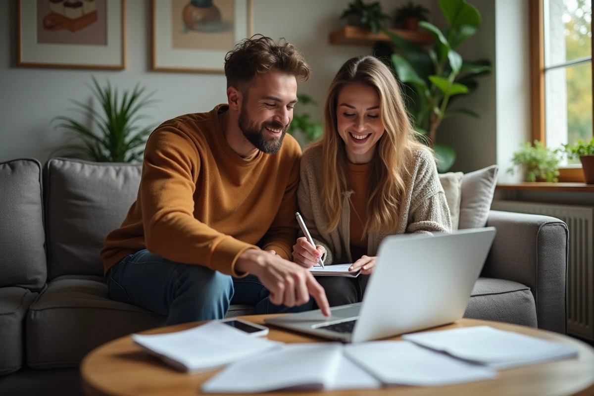 Couple collaborant sur leur déclaration fiscale Trade Republic dans un salon contemporain