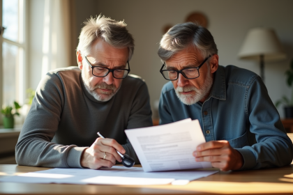 Couple inquiet analysant documents d'assurance vie à la maison