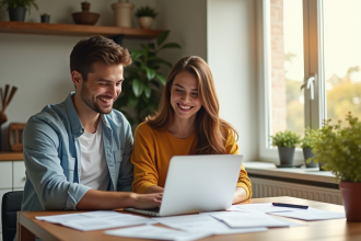 Jeune couple souriant à la cuisine avec documents et ordinateur