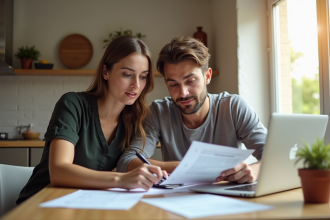 Jeune couple examinant des documents de prêt immobilier à la maison