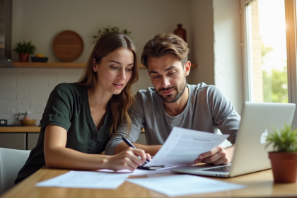 Jeune couple examinant des documents de prêt immobilier à la maison