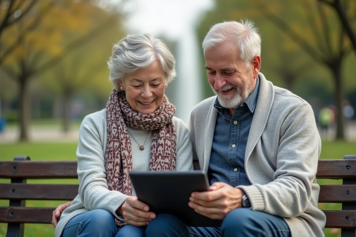 Couple âgé souriant regardant un graphique sur une tablette dans un parc