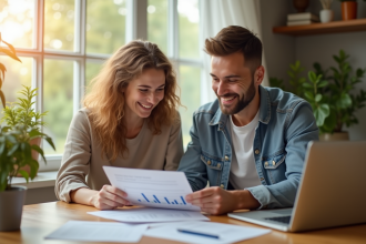 Jeune couple souriant examinant documents de pret immobilier