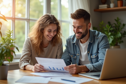 Jeune couple souriant examinant documents de pret immobilier