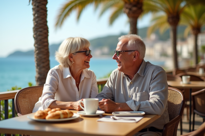 Couple retraité souriant profitant d'un café en terrasse en Méditerranée